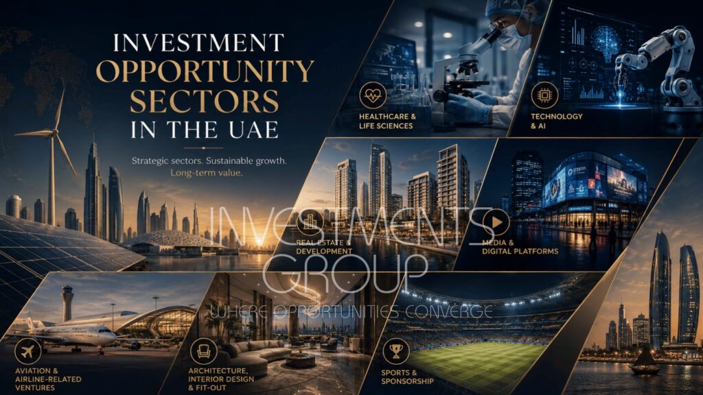 1- Investment Opportunity Sectors in the UAE - Investments_Group - Investments Group Investment opportunity sectors in the UAE across energy, healthcare, technology, real estate, aviation, media, exhibitions, architecture, sports, and retail