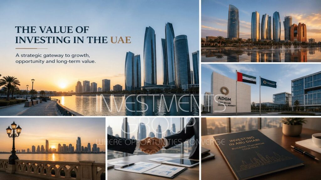 1- The Value of Investing in the UAE - Investments_Group - Investments Group The Value of Investing in the UAE with Abu Dhabi skyline, ADGM, business partnership, and investment growth visuals