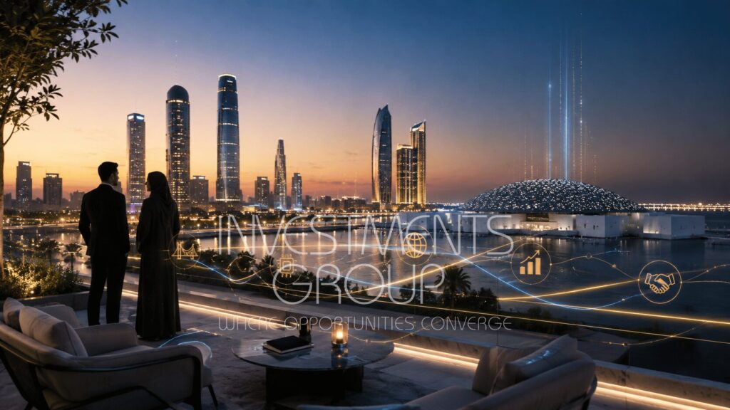 4- The Value of Investing in the UAE - Investments_Group - Investments Group The Value of Investing in the UAE with Abu Dhabi skyline, ADGM, business partnership, and investment growth visuals
