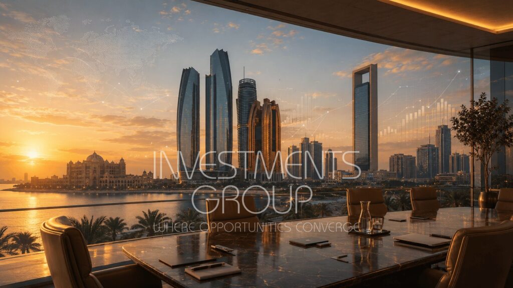 5- The Value of Investing in the UAE - Investments_Group - Investments Group The Value of Investing in the UAE with Abu Dhabi skyline, ADGM, business partnership, and investment growth visuals